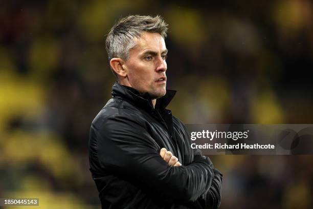 Kieran McKenna, Manager of Ipswich Town, looks on during the Sky Bet Championship match between Watford and Ipswich Town at Vicarage Road on December...