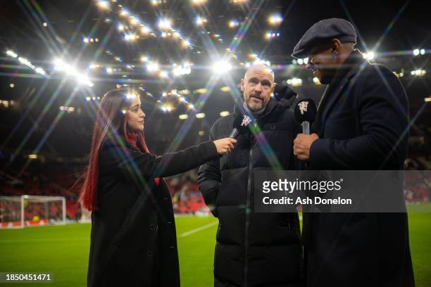 Manager Erik ten Hag of Manchester United gives a pre-match interview ahead the UEFA Champions League match between Manchester United and FC Bayern...