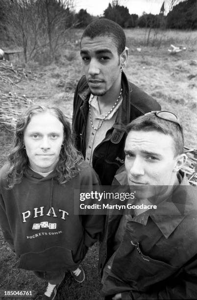 The Prodigy, group portrait, in Essex, including band members Liam Howlett, Keith Flint, and Leroy Thornhill, United Kingdom, 1992.