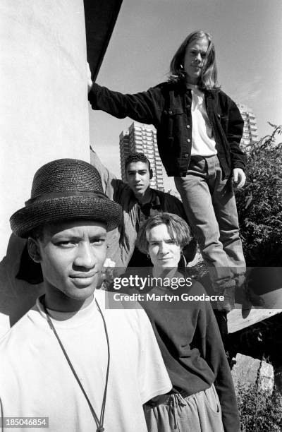 The Prodigy, group portrait, by the Westway in London, including band members Liam Howlett, Keith Flint, Maxim and Leroy Thornhill, United Kingdom,...