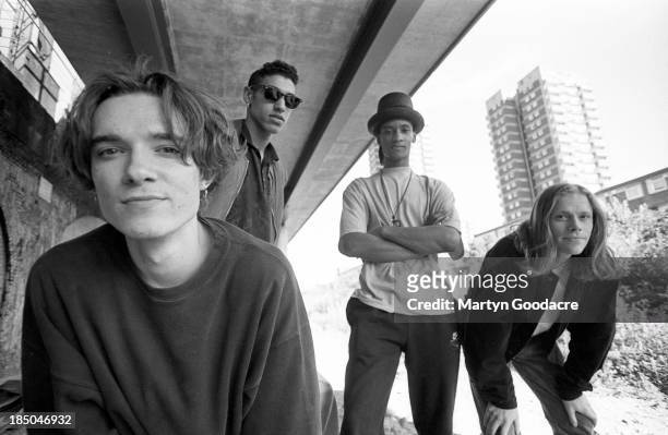 The Prodigy, group portrait, by the Westway in London, including band members Liam Howlett, Keith Flint, Maxim and Leroy Thornhill, United Kingdom,...