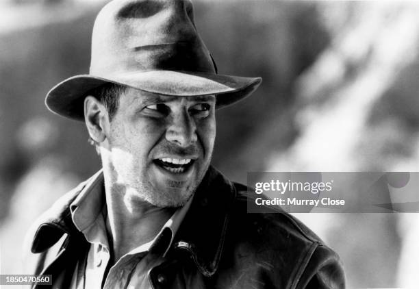 Close-up of American actor Harrison Ford in the film 'Indiana Jones and the Last Crusade' , 1989.