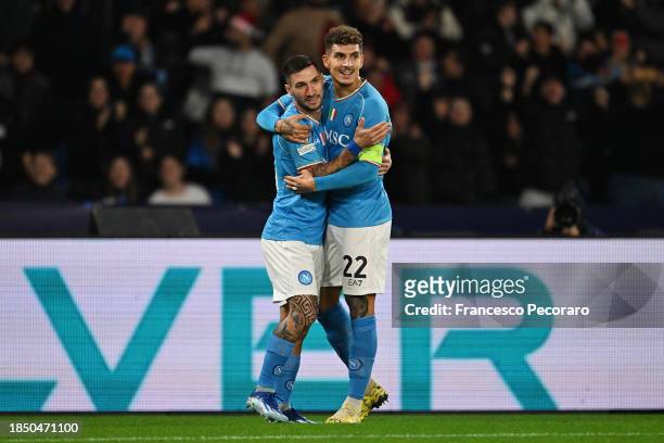 Matteo Politano and Giovanni Di Lorenzo of SSC Napoli celebrate after an own goal by Serdar Saatci of SC Braga , SSC Napoli's first goal during the...