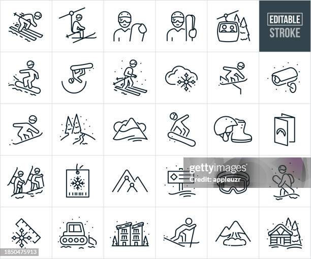 ilustraciones, imágenes clip art, dibujos animados e iconos de stock de iconos de línea fina de esquí y snowboard - trazo editable - esquiador
