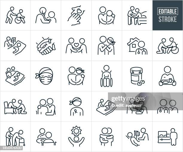 hospiz- und palliativpflege-thin-line-symbole - bearbeitbarer strich - altenpfleger stock-grafiken, -clipart, -cartoons und -symbole