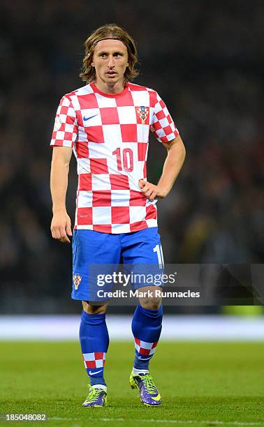 Luka Modric of Croatia in action during the FIFA 2014 World Cup Qualifying Group A match between Scotland and Croatia at Hampden Park on October 15,...