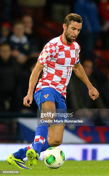 Darijo Srna of Croatia in action during the FIFA 2014 World Cup Qualifying Group A match between Scotland and Croatia at Hampden Park on October 15,...