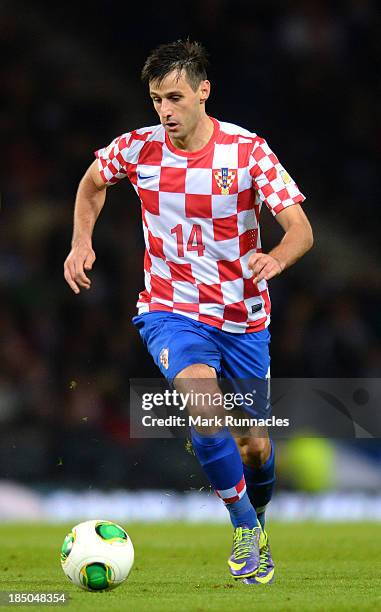 Nikola Kalinic of Croatia in action during the FIFA 2014 World Cup Qualifying Group A match between Scotland and Croatia at Hampden Park on October...