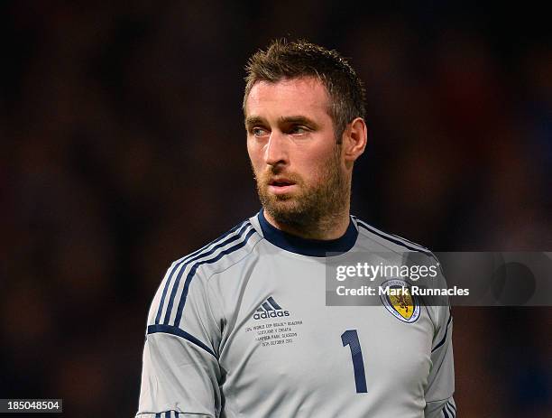 Allan McGregor of Scotland in action during the FIFA 2014 World Cup Qualifying Group A match between Scotland and Croatia at Hampden Park on October...