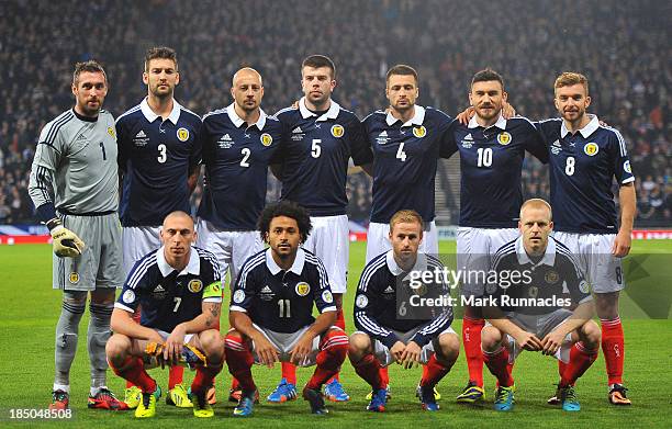 The Scotland team pose for a picture during the FIFA 2014 World Cup Qualifying Group A match between Scotland and Croatia at Hampden Park on October...