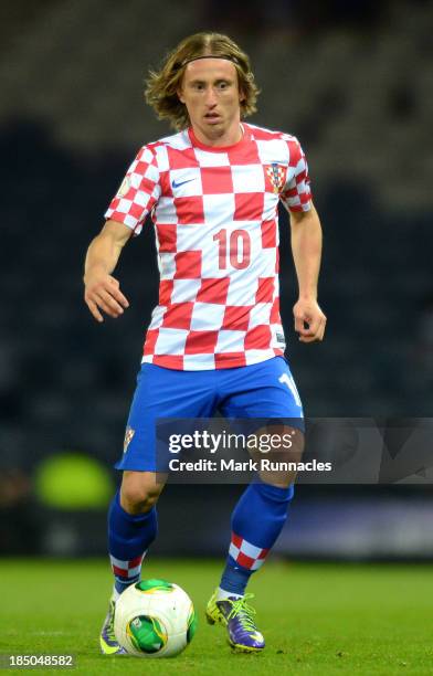 Luka Modric of Croatia in action during the FIFA 2014 World Cup Qualifying Group A match between Scotland and Croatia at Hampden Park on October 15,...