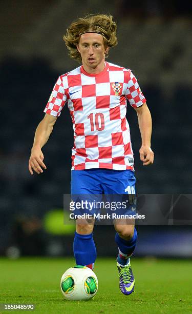 Luka Modric of Croatia in action during the FIFA 2014 World Cup Qualifying Group A match between Scotland and Croatia at Hampden Park on October 15,...