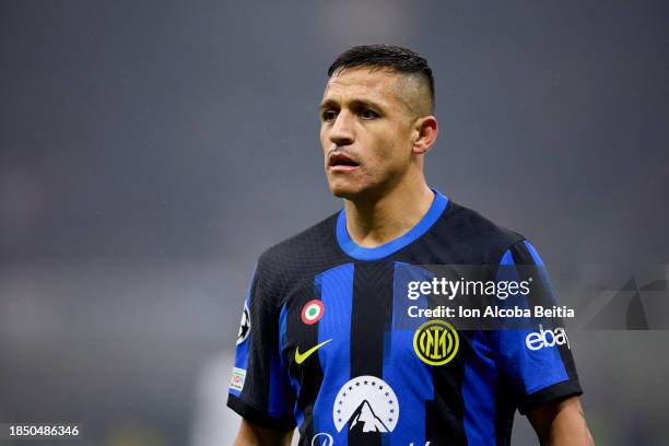 Alexis Sanchez of FC Internazionale looks on during the Group D - UEFA Champions League match between FC Internazionale and Real Sociedad at Stadio...