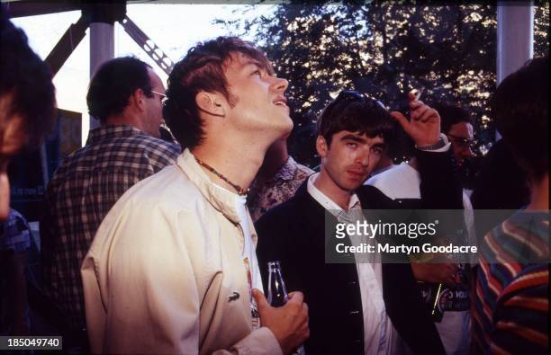 Noel Gallagher and Damon Albarn at an NME party, United Kingdom, 1994.