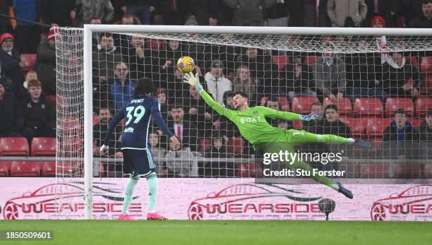 Leeds goalkeeper Islan Meslier dives to make a one handed save during the Sky Bet Championship match between Sunderland and Leeds United at Stadium...