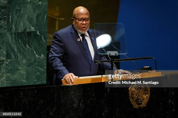 President of the 78th session of the U.N. General Assembly Dennis Francis of Trinidad and Tobago speaks during the UN General Assembly emergency...