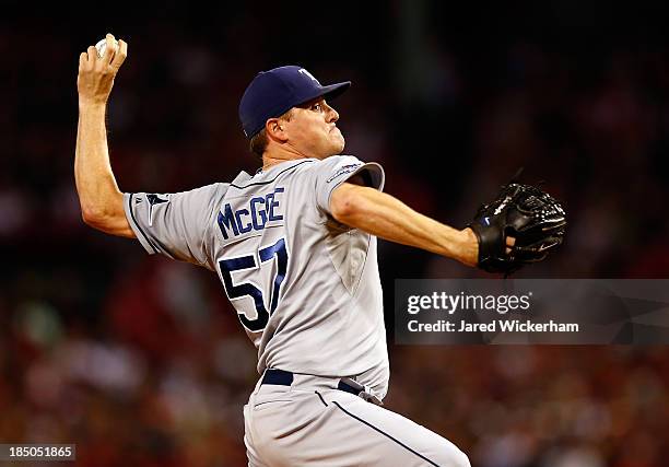 Jake McGee of the Tampa Bay Rays pitches against the Boston Red Sox during Game Two of the American League Division Series at Fenway Park on October...