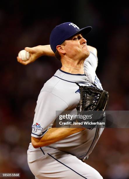 Jake McGee of the Tampa Bay Rays pitches against the Boston Red Sox during Game Two of the American League Division Series at Fenway Park on October...