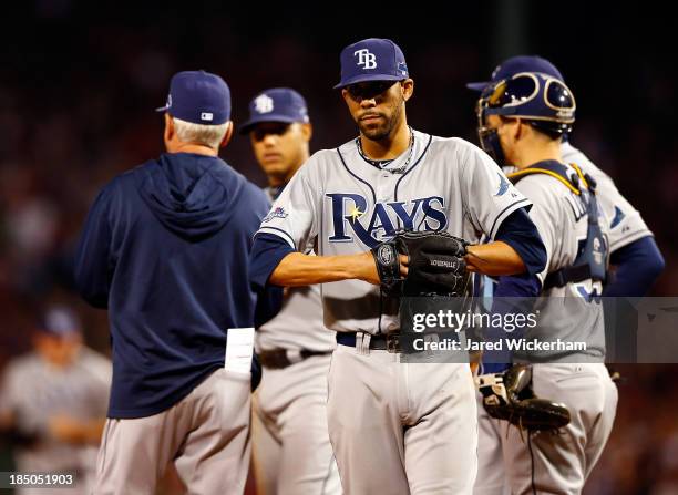 David Price of the Tampa Bay Rays walks off the mound against the Boston Red Sox during Game Two of the American League Division Series at Fenway...