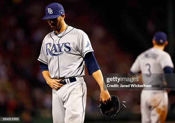 David Price of the Tampa Bay Rays walks off the mound against the Boston Red Sox during Game Two of the American League Division Series at Fenway...