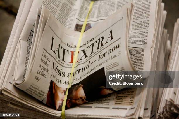 The Los Angeles Times LATEXTRA edition newspaper sits bundled after being printed at the Olympic Press facility in Los Angeles, California, U.S, on...