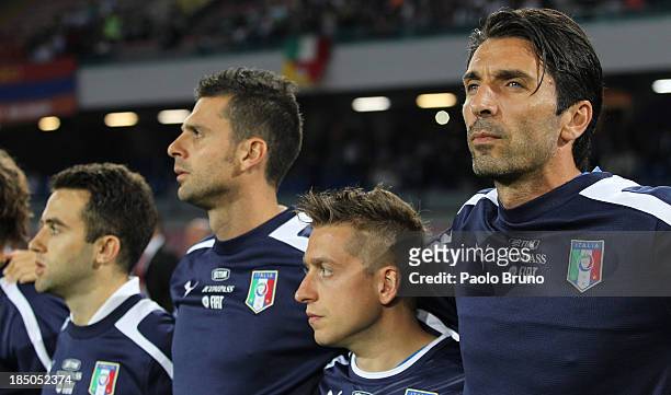 Gianluigi Buffon of Italy with his team-mates looks on during the FIFA 2014 World Cup qualifier group B match between Italy and Armenia at Stadio San...
