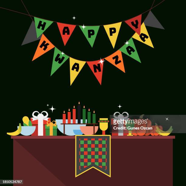 kwanzaa celebration - happy kwanzaa festival - flat design vector art - harvest feast table - food & drink - december holidays and celebrations - square composition with happy kwanzaa text pennants - buffet stock illustrations