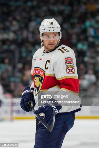 Aleksander Barkov of the Florida Panthers looks on during the second period of a game against the Seattle Kraken at Climate Pledge Arena on December...