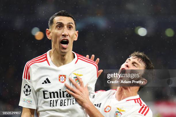 Angel Di Maria of SL Benfica celebrates after scoring their team's first goal during the UEFA Champions League match between FC Salzburg and SL...