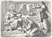 Jesus’ Anointing (Luke 7, 37-38), wood engraving, published in 1877