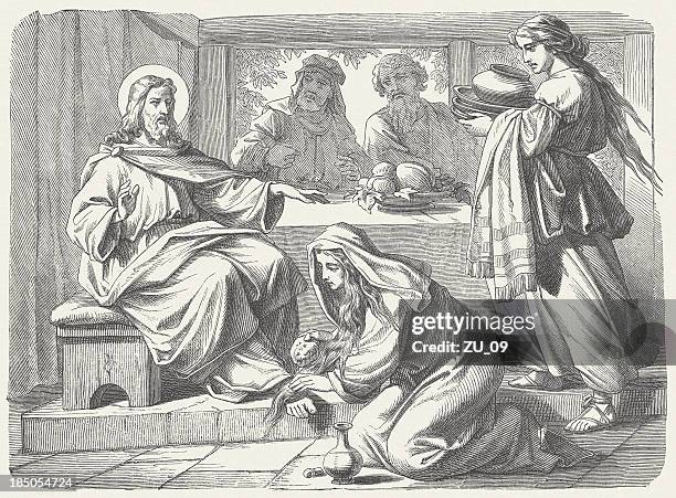 jesus’ anointing (luke 7, 37-38), wood engraving, published in 1877 - anointing stock illustrations