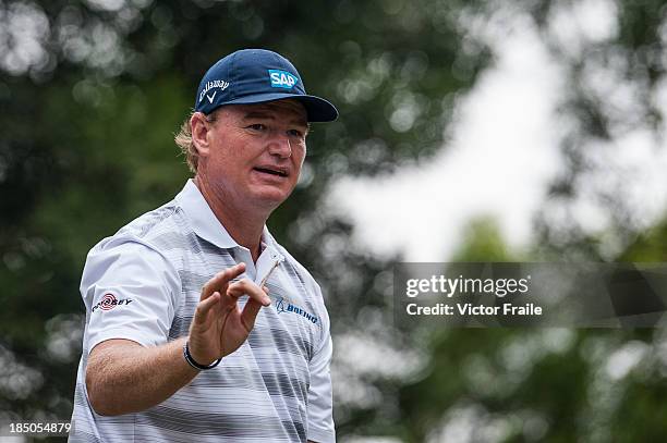 Ernie Els of South Africa acknowledges to the crowd on the 2nd tee during day one of the Venetian Macau Open at Macau Golf and Country Club on...