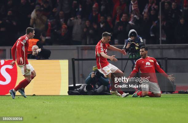 Kevin Volland of 1.FC Union Berlin celebrates after scoring their team's first goal during the UEFA Champions League match between 1. FC Union Berlin...