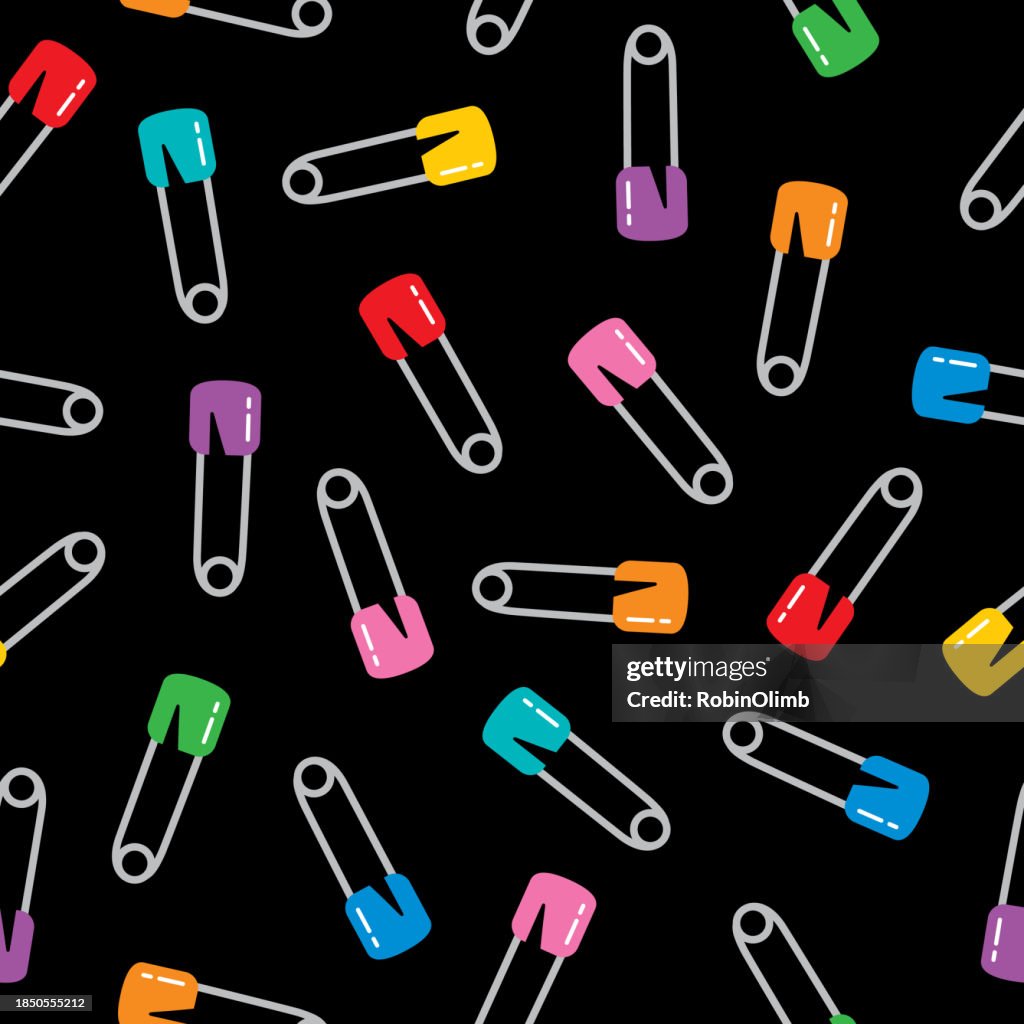 Colorful Safety Pins Black Background Seamless Pattern