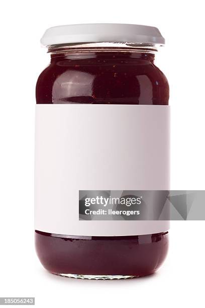 glass preserve jar with blank label on a white background - strawberry jam stock pictures, royalty-free photos & images