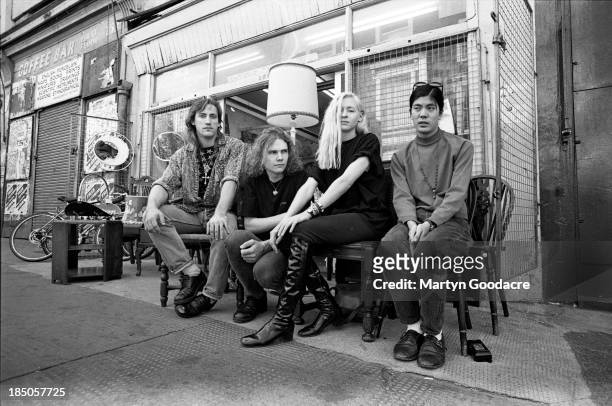 Smashing Pumpkins, group portrait, including Billy Corgan, Jimmy Chamberlin, James Iha and Darcy Wretzsky, Notting Hill, London, United Kingdom, 1992.
