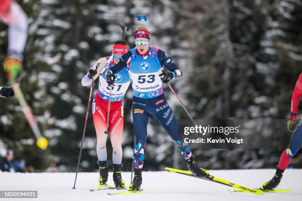 Johannes Thingnes Boe of Norway in action competes during the Men 10 km Sprint at the BMW IBU World Cup Biathlon Lenzerheide on December 15, 2023 in...