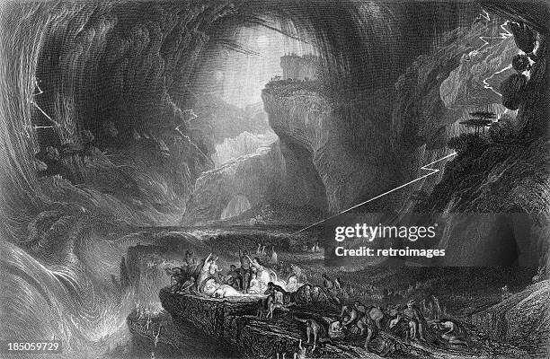 the deluge (1852), biblical flood (engraved illustration) - noahs ark flood stock illustrations