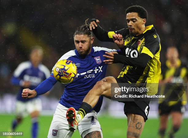 Wes Burns of Ipswich Town battles for possession with Jamal Lewis of Watford during the Sky Bet Championship match between Watford and Ipswich Town...