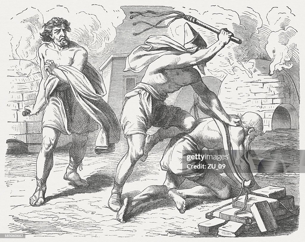 Moses kills an Egyptian (Exodus 2), wood engraving, published 1877