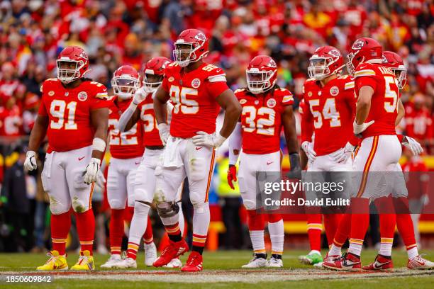 The Kansas City Chiefs defense, including Chris Jones of the Kansas City Chiefs, lines up prior to a first quarter play against the Buffalo Bills at...