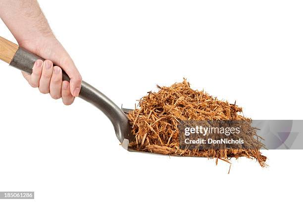 shovel full of cypress mulch - mulch stock pictures, royalty-free photos & images