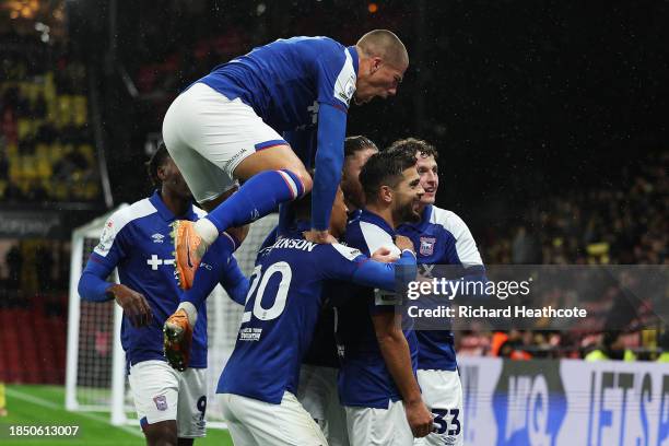 Sam Morsy of Ipswich Town celebrates after scoring their team's second goal during the Sky Bet Championship match between Watford and Ipswich Town at...