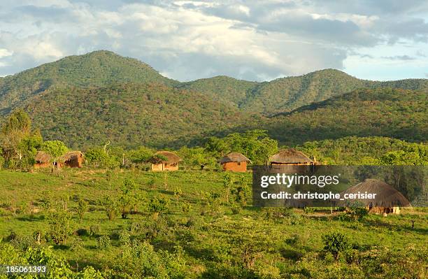 african huts in hills - malawi stockfoto's en -beelden