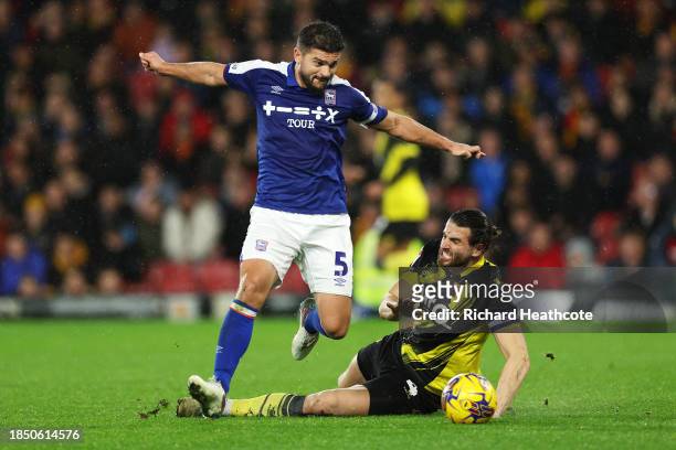 Sam Morsy of Ipswich Town tackles Wesley Hoedt of Watford before scoring their sides second goal during the Sky Bet Championship match between...