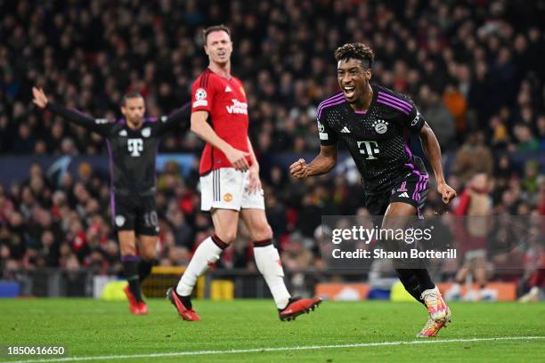 Kingsley Coman of Bayern Munich celebrates after scoring their team's first goal during the UEFA Champions League match between Manchester United and...