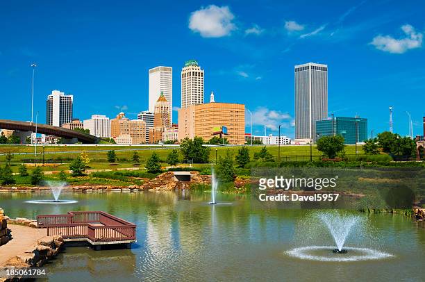 tulsa skyline, pond, and fountains - oklahoma stock pictures, royalty-free photos & images
