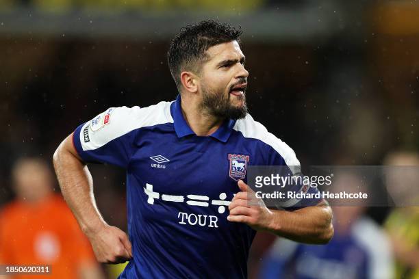 Sam Morsy of Ipswich Town celebrates after scoring their team's second goal during the Sky Bet Championship match between Watford and Ipswich Town at...