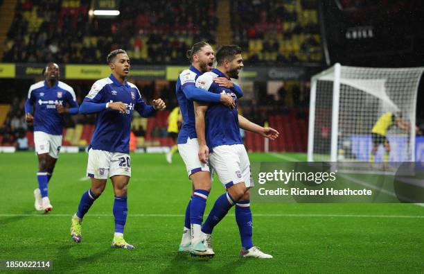 Sam Morsy of Ipswich Town celebrates after scoring their team's second goal during the Sky Bet Championship match between Watford and Ipswich Town at...