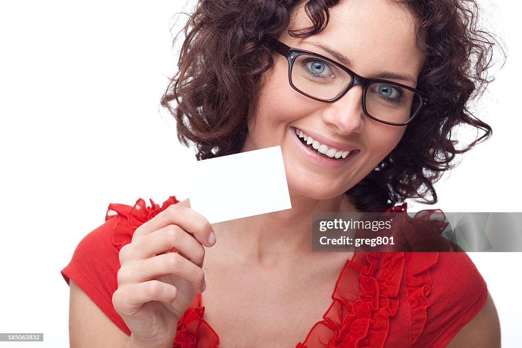 Beautiful woman holding blank card